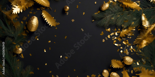 Christmas mockup with golden confetti, fir branches, cones, Xmas decoration on black. Advent calendar. New Years template.Top view. flat lay. Winter Holidays background with copy space.Generative ai