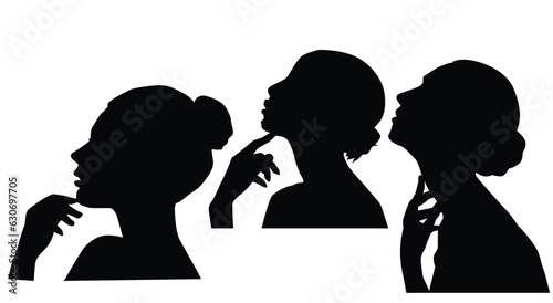 Beautiful female faces profiles, black silhouette outline avatars, Woman heads in profile.  photo