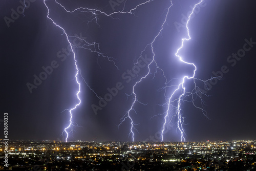 Lightning over downtown Phoenix during monsoon thunderstorms in Arizona  USA