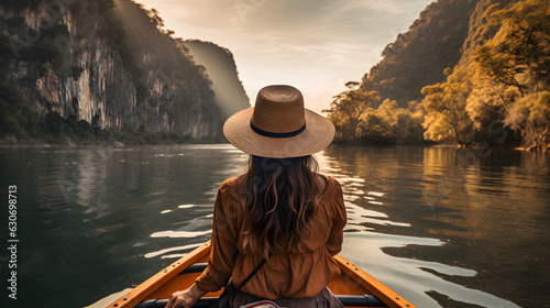 Stunning Close-Up Shot of Lady Kayaking in Tranquil Lake: Essence of Adventure, Solitude, and Connection with Nature. Generative Ai.  © Philipp