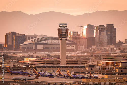 Phoenix Sky Harbor air traffic control tower at sunset in Arizona, USA photo