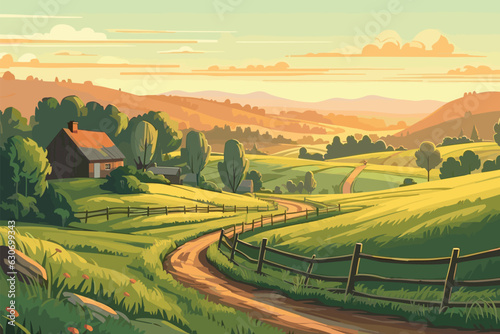 landscape of region landscape watercolor hand-painted vector art painting illustration landscape  field  sky  nature  grass  countryside  tree  meadow  summer  farm  agriculture  rural  sunset