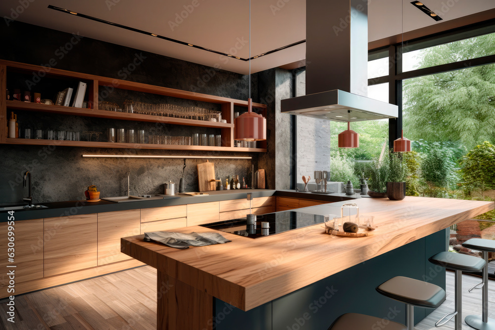 large modern kitchen with an island and stools