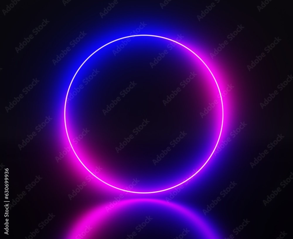 Neon circle light frame, empty blue pink gradient banner, round glow ring with reflection on black background 3d render. Night club or casino electric signboard with glowing border. 3D illustration Neon circle light frame, empty blue pink gradient banner, round glow ring with reflection on black background 3d render. Night club or casino electric signboard with glowing border. 3D illustration