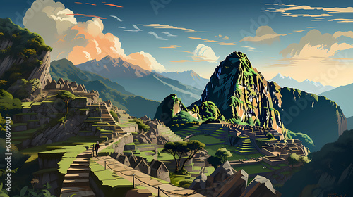 Flat Art Digital Illustration of Machu Picchu photo
