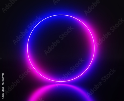 Neon circle light frame, empty blue pink gradient banner, round glow ring with reflection on black background 3d render. Night club or casino electric signboard with glowing border. 3D illustration