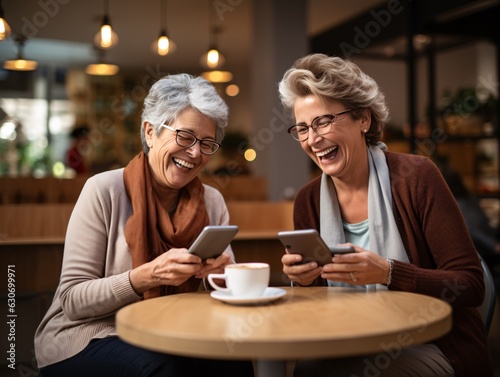 Senior Females Connecting Through Phones at Coffee Table