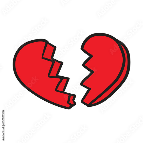 A hand-drawn cartoon red broken heart on a white background. The end of love.