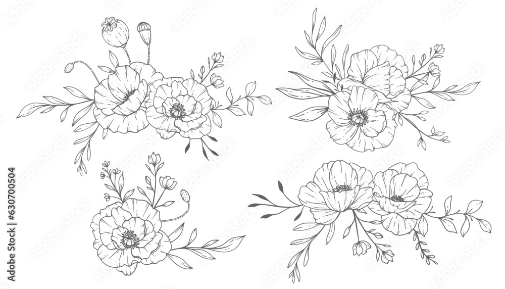 Poppy Flower Line Art, Fine Line Poppy Bouquets Hand Drawn Illustration. Coloring Page with Flowers. Poppy Flower Line Art, Fine Line Poppy Bouquets Hand Drawn Illustration. Coloring Page with Flowers.