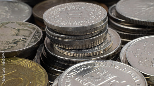 Silver and gold coins from different countries and tomes - makro photo