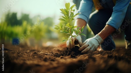 planting trees or working with blured people community group in garden promoting local food production and habitat restoration, save and green world concept, Generative ai