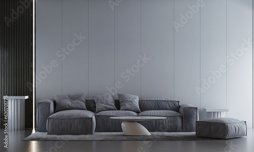 Modern cozy living room and empty wall texture background interior design, mock up room, furniture decor, 3d rendering.