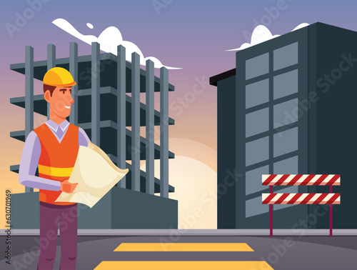 contractor in front of a multi-storey building