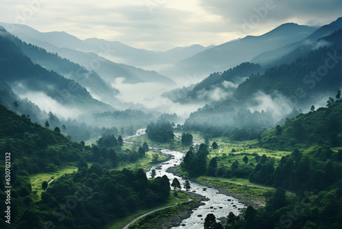 A serene landscape shot featuring misty hills, mountains, or forests during a rainy day, creating an ethereal and dreamy atmosphere Generative AI