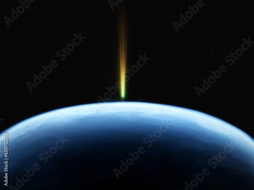 Large comet approached the Earth, as seen from space. Dangerous celestial body on the background of our planet.
