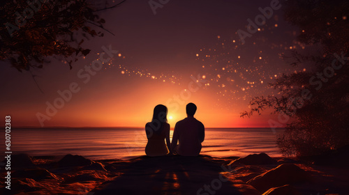 A man and a woman sitting on a rock watching the sunset