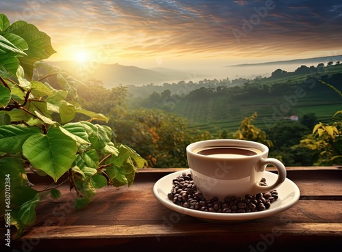 Hot coffee cup with organic coffee beans on the wooden table and the plantations background with copy space. Created with Generative AI technology.