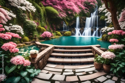 waterfall from hills in beautiful garden photo