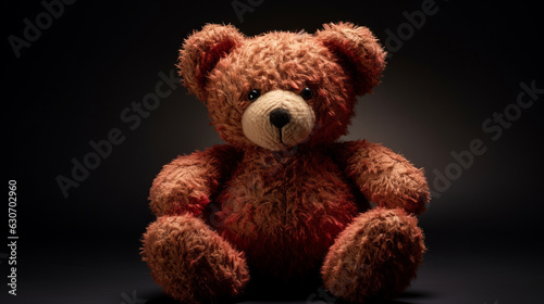A brown teddy bear sitting up against a black background
