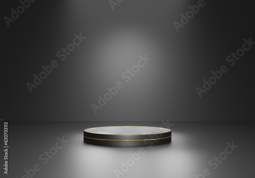 Luxury black and gold cylinder pedestal podium, Abstract modern rendering 3d shape for product display presentation.