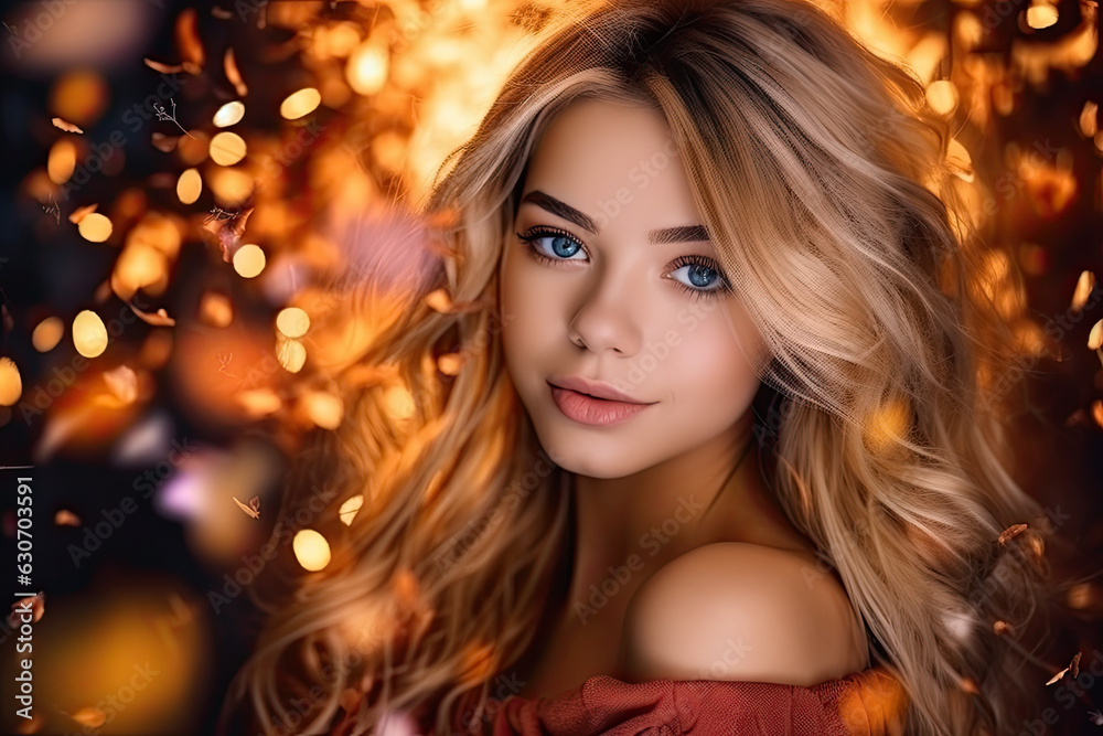 Portrait of a beautiful girl, fairy lights on the background
