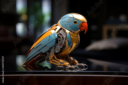 Metal technological robotic bird parrot gadget standing on floor of flat. White little dog robot pet. Futuristic pet assistant powered by artificial intelligence. Innovation high tech. Generative AI