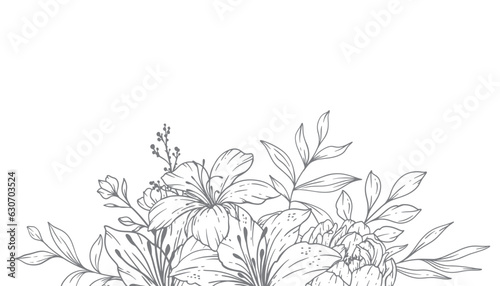 Wildflowers Line Art, Fine Line Wildflower Bouquets Hand Drawn Illustration. Coloring Page with Flowers.