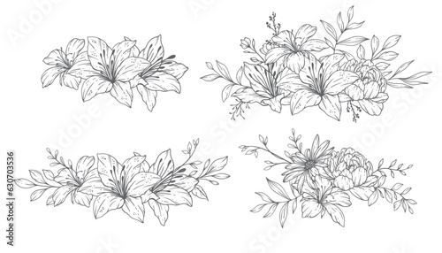 Wildflowers Line Art, Fine Line Wildflower Bouquets Hand Drawn Illustration. Coloring Page with Flowers.