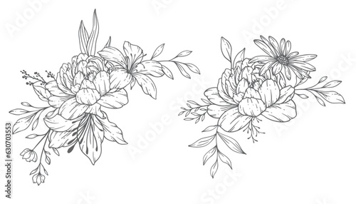 Wildflowers Line Art, Fine Line Wildflower Bouquets Hand Drawn Illustration. Coloring Page with Flowers.