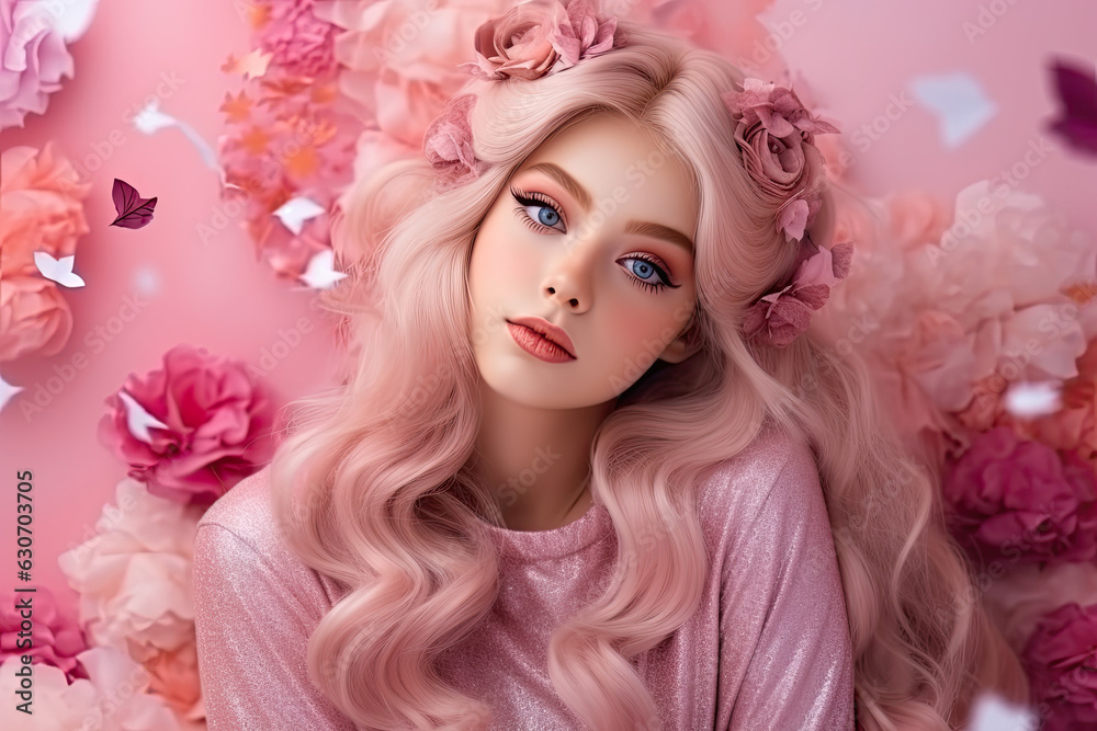 Portrait of a beautiful girl, fairy lights on the background, pink colours