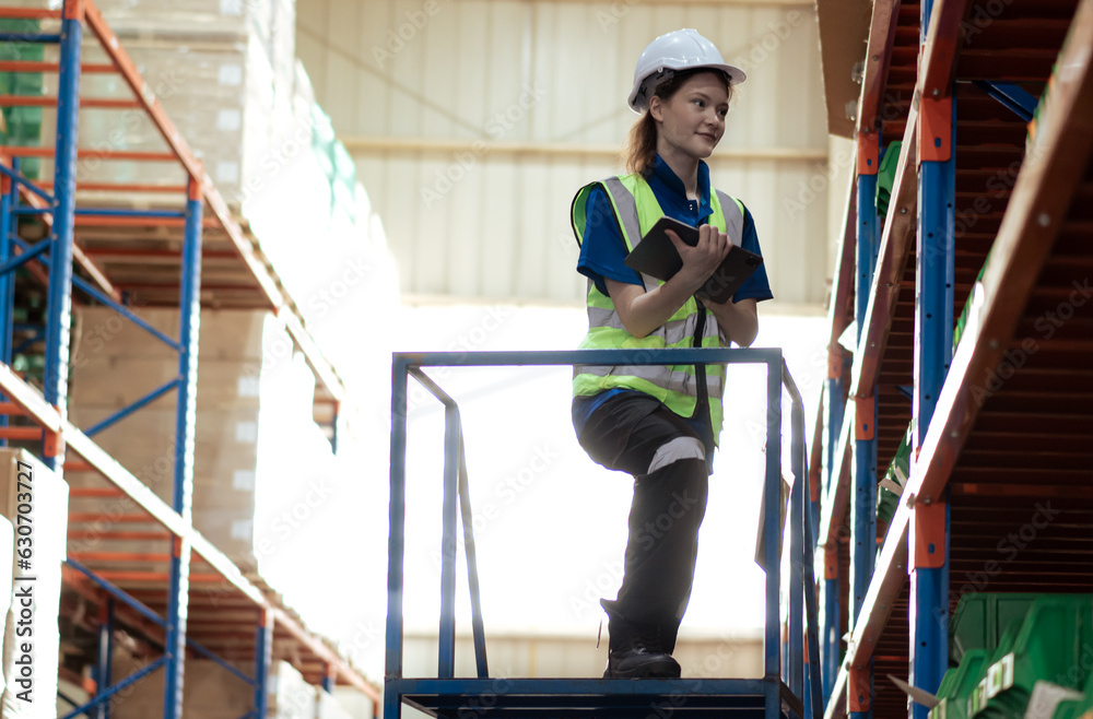 Fototapeta premium Warehouse worker standing on ladder checking inventory on shelf. Blue collar worker in safety uniform standing on stairs working with cardboard box on storage rack in storehouse. Distribution industry