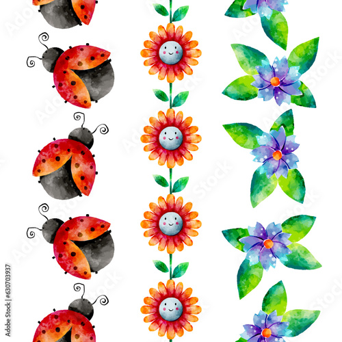 Cute Spring Lady Birds and Flowers Watercolor Vector Vertical Seamless Isolated Borders Set