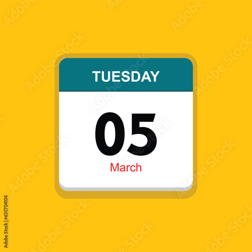 march 05 tuesday icon with yellow background, calender icon