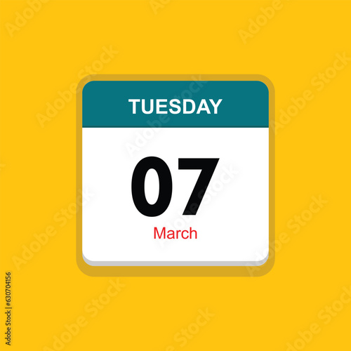 march 07 tuesday icon with yellow background, calender icon
