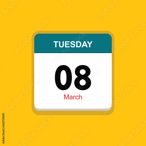 march 08 tuesday icon with yellow background, calender icon