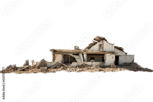 Destroyed farm house building isolated on a transparent background. Ai generative art.