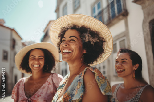 Coastal Delight: Three Latina Women's Joyful Mediterranean Escape, Strolling through a Portuguese Small Town's Enchanting Coastal Street on a Sunny Summer Day