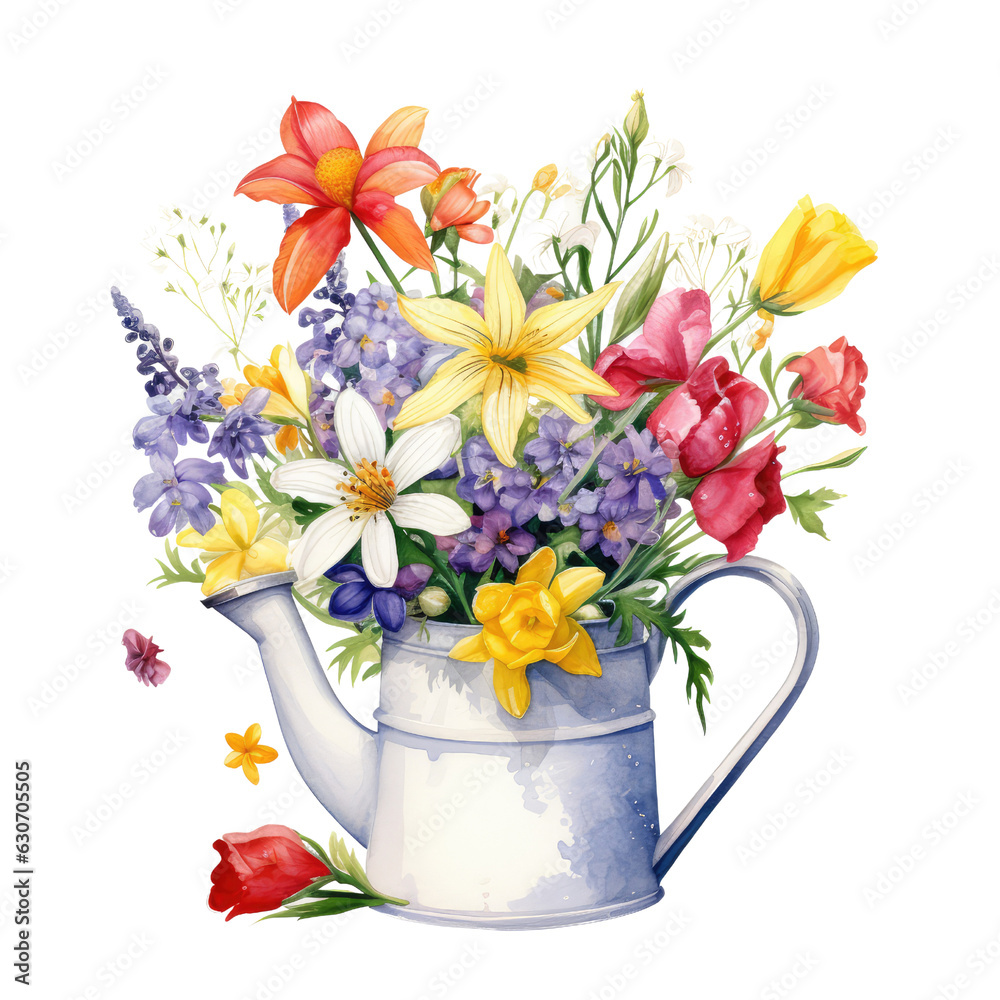 Beautiful Spring Flowers Overflowing from Watering Can .Botanical Illustration on Transparent Background,Generative AI