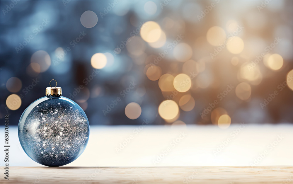 Close up of a Christmas bauble, snowy background with copy space, Christmas banner Close up of a Christmas bauble, snowy background with copy space, Christmas banner