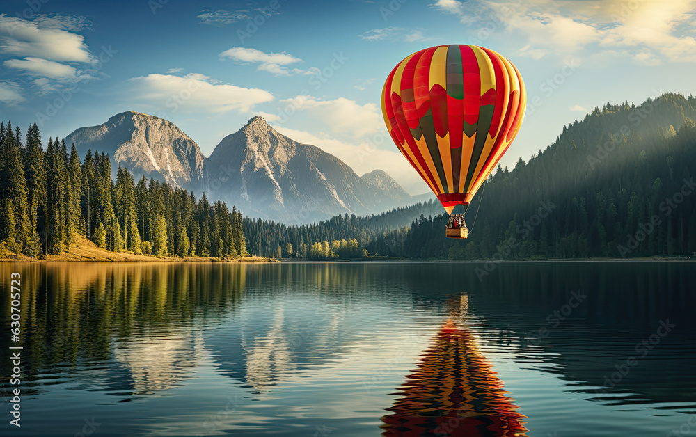 Fototapeta premium A hot air balloon floating in this air, breathtaking nature view 