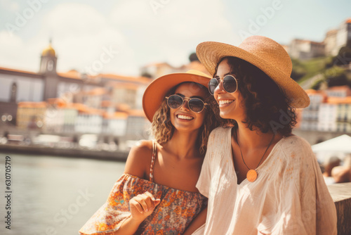 Latin Women's Vibrant European Escape in a Coastal Town of Portuguese and Spanish Styles, Smiling with Sunglasses, Embracing the Port View and Sunny Cityscape
