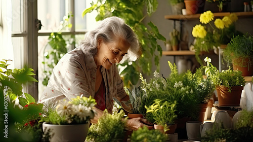 Senior woman with green plants and flowers at home.