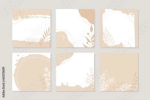 Spring pastel neutral abstract square backgrounds with flowers. Beige color vector set. Social media posts, stories, banners, invitation, mobile apps, online ads, poster, postcards, greetings
