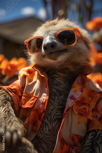 Relaxed funny sloth sluggard in sunglasses and Hawaiian t-shirt, sunbathing at seaside resort, chilling and lounging on beach sand. Vacation rest in hot country beach concept. Generative AI Technology