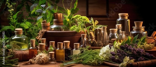 Medicinal herbs and tinctures alternative medicine in jars on table with leaves, Generative AI photo