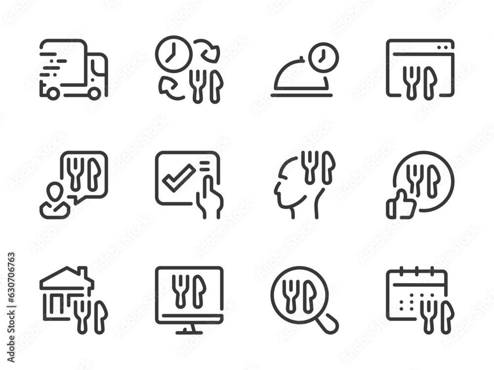 Delivery Food Service and Online Order vector line icons. Takeaway, Ordering Groceries and Meal Delivery outline icon set.