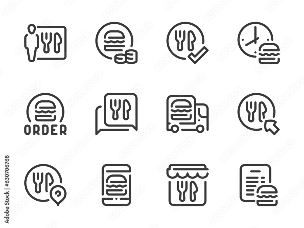 Takeaway and Food Delivery Service vector line icons. Ordering Groceries, Online Food Order and Meal Delivery outline icon set.