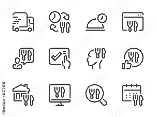 Delivery Food Service and Online Order vector line icons. Takeaway, Ordering Groceries and Meal Delivery outline icon set.