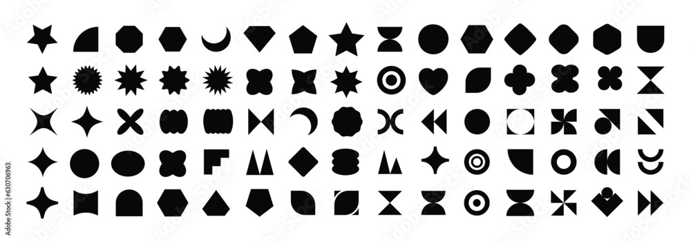 Fototapeta premium Basic shapes vector set. Vector basic shapes collection. Polygonal elements. Trendy minimalist basic figure, diamond, circles, hexagon, star, triangle flat style. Geometric silhouette elements vector 