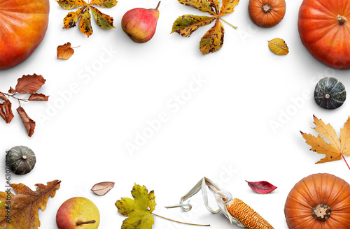 Obraz na płótnie A collection of pumpkins, fruits, dried leaves and corn cobs forming a border, frame, layout isolated against a transparent background for thanksgiving fall and harvest festivals. w salonie
